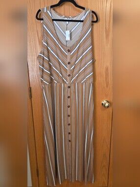 Striped Button-Front Maxi Dress in Tan and White